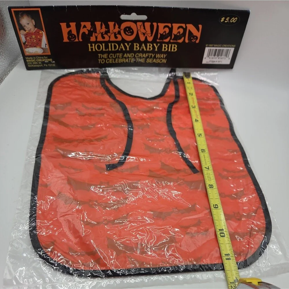 Vintage Halloween Baby Bib Orange Black Bats Yellow Moon 90s Toddler New Sealed